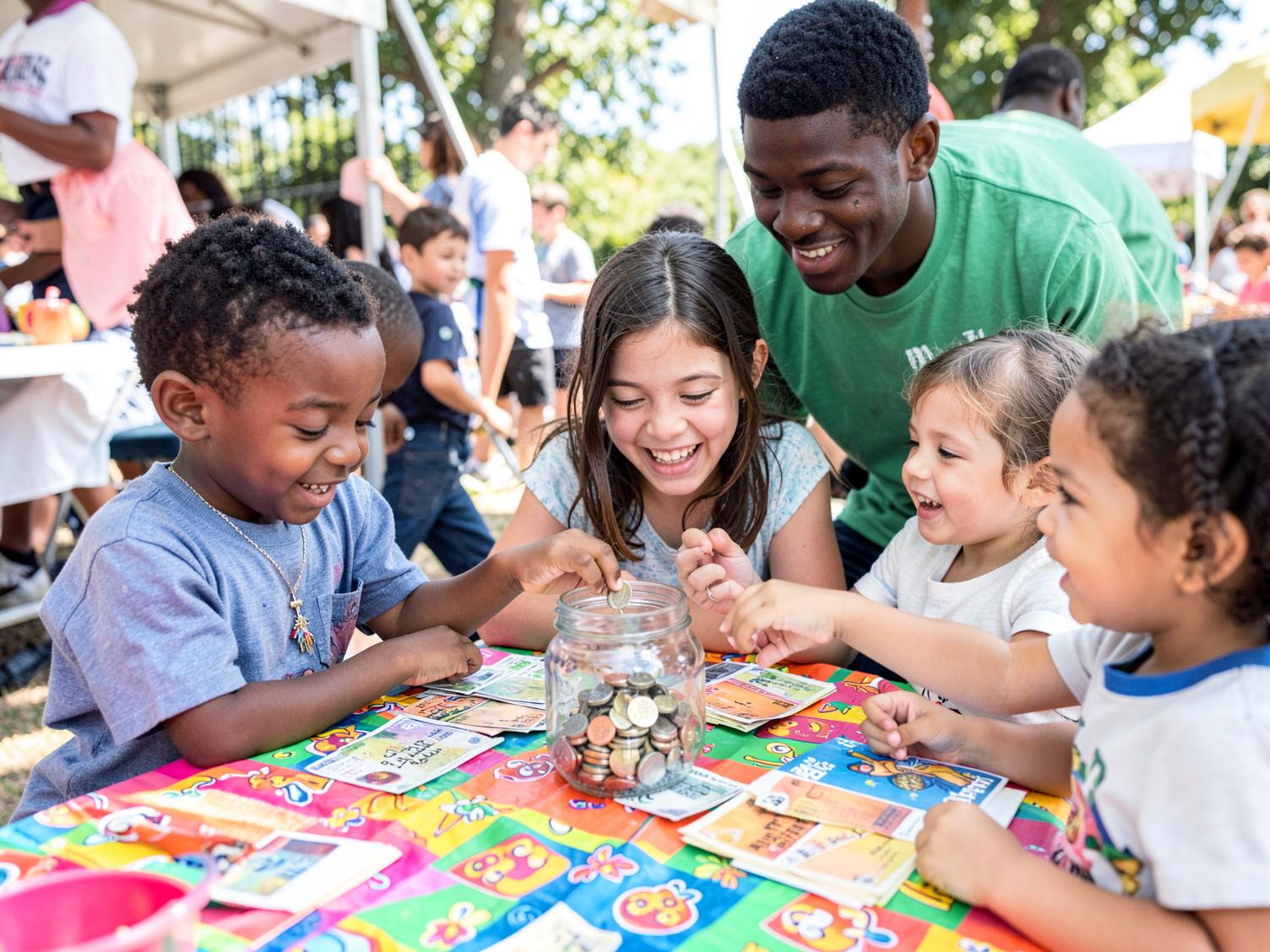 Children drop coins into a savings jar with a volunteer at an outdoor community event
