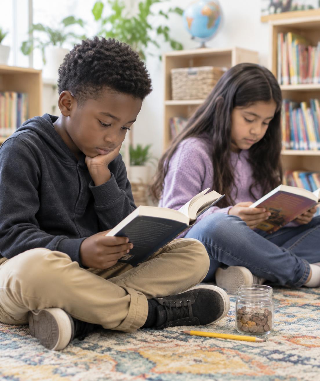 Two young students read chapter books on a classroom rug beside a small jar of coins